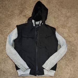 Black NICK DANGER Sweater Jacket Puffer with Gray Sleeves & Detachable Hood